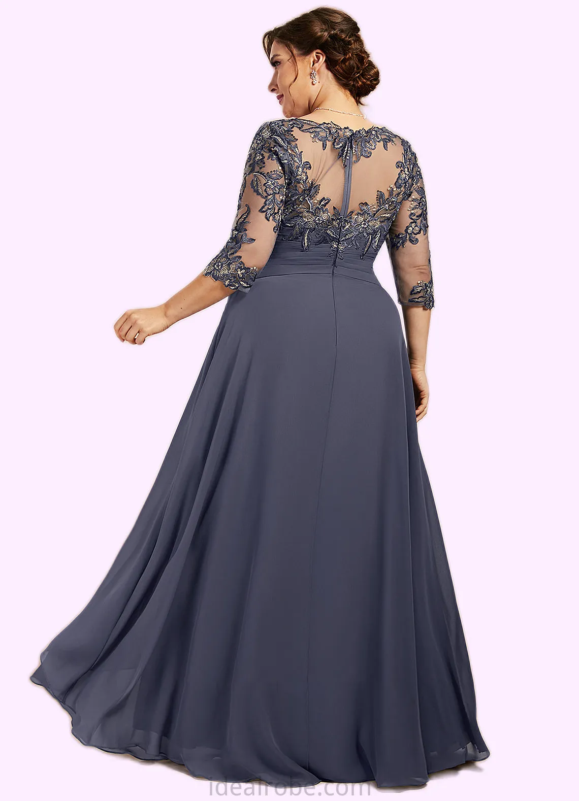 Camille A-Line Scoop Neck Floor-Length Chiffon Lace Mother of the Bride Dress With Cascading Ruffles STK126P0014550