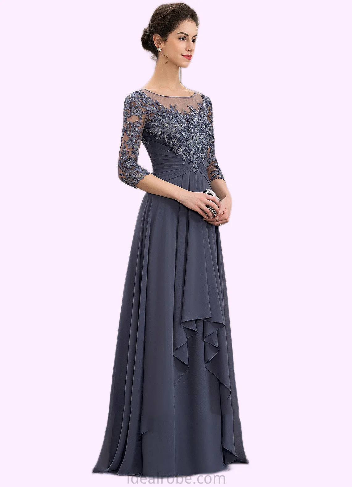 Camille A-Line Scoop Neck Floor-Length Chiffon Lace Mother of the Bride Dress With Cascading Ruffles STK126P0014550