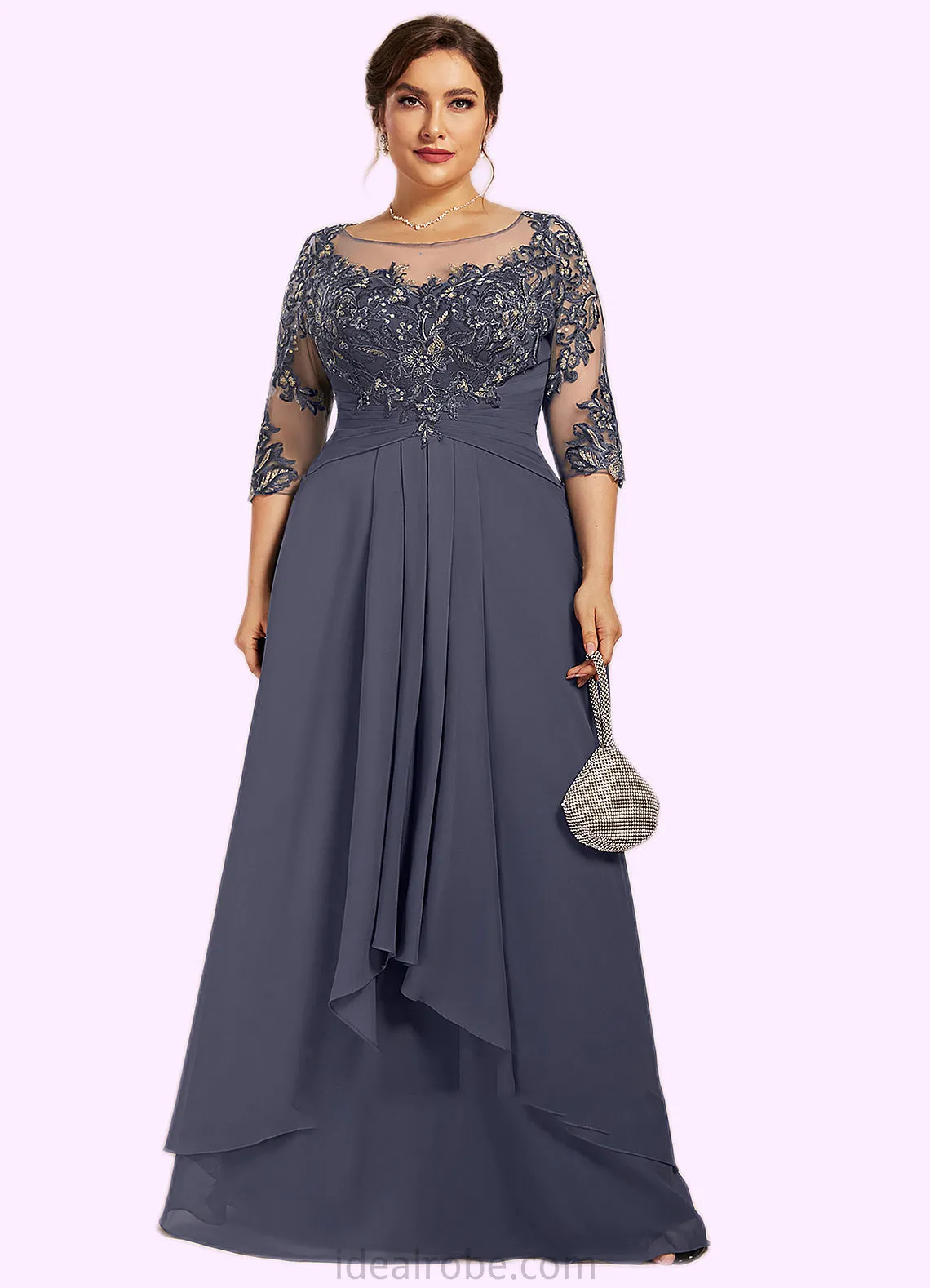 Camille A-Line Scoop Neck Floor-Length Chiffon Lace Mother of the Bride Dress With Cascading Ruffles STK126P0014550