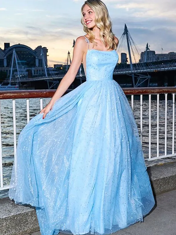 Charming Spaghetti Strap V-neck Tulle  A-line Long Prom Dresses Evening Dresses.DB10614