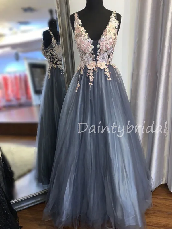 Charming V-neck  A-line Tulle Long Prom Dresses Evening Dresses.DB10573