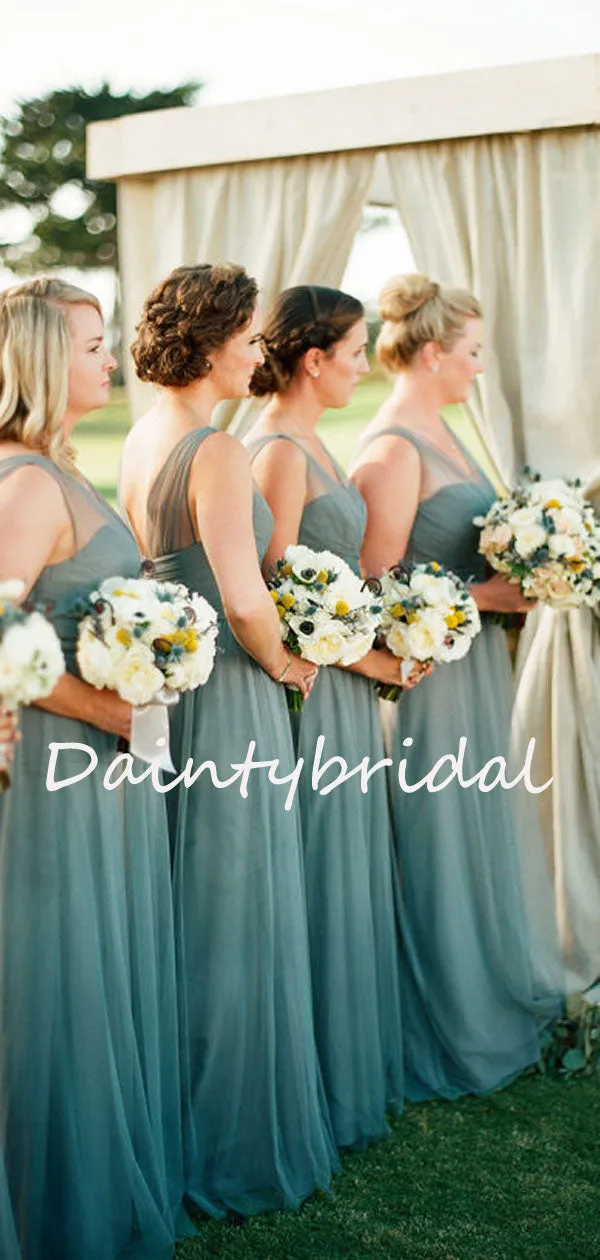 Charming V-neck Sleeveless Floor-length Tulle Long Bridesmaid Dresses.DB10749