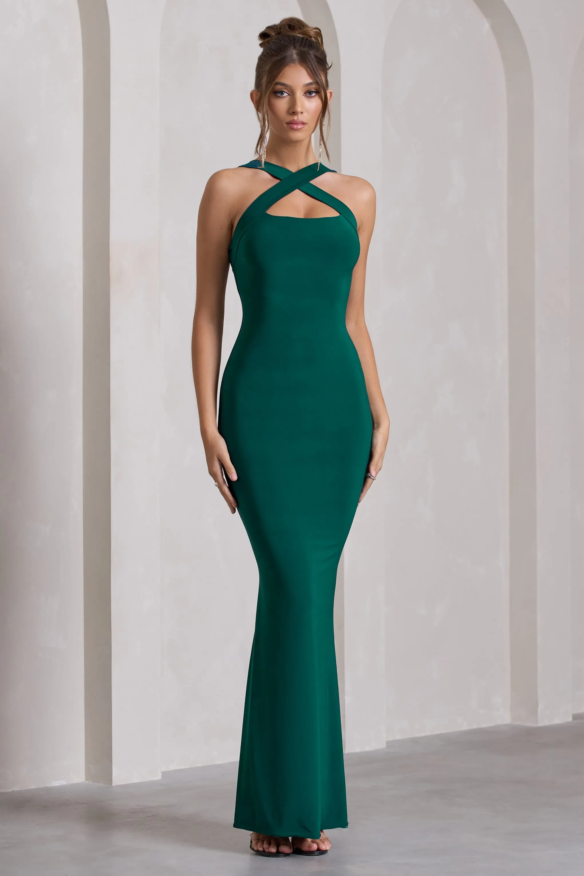 Cross My Heart | Bottle Green Sleeveless Cross-Neck Maxi Dress