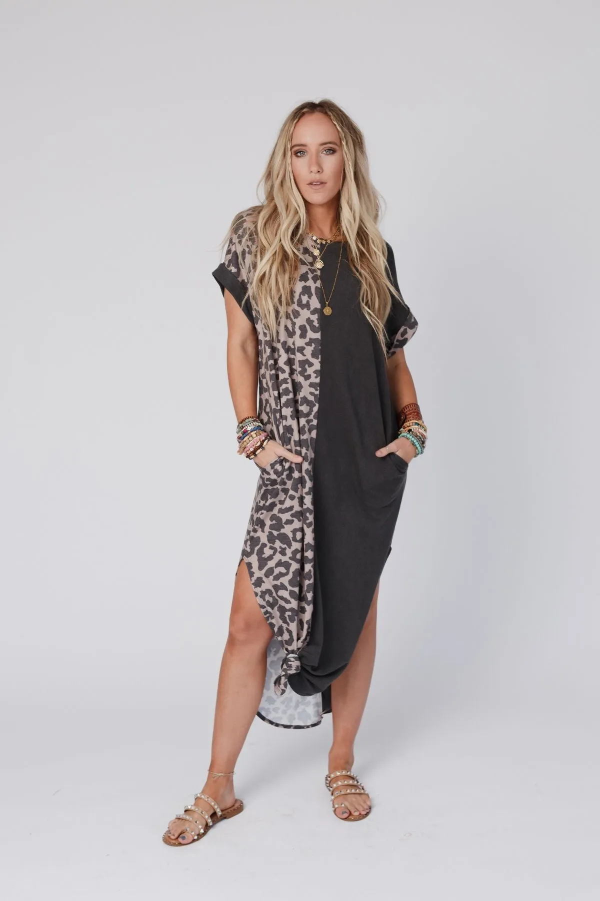 Dayton Printed Contrast Tee Dress - Mocha