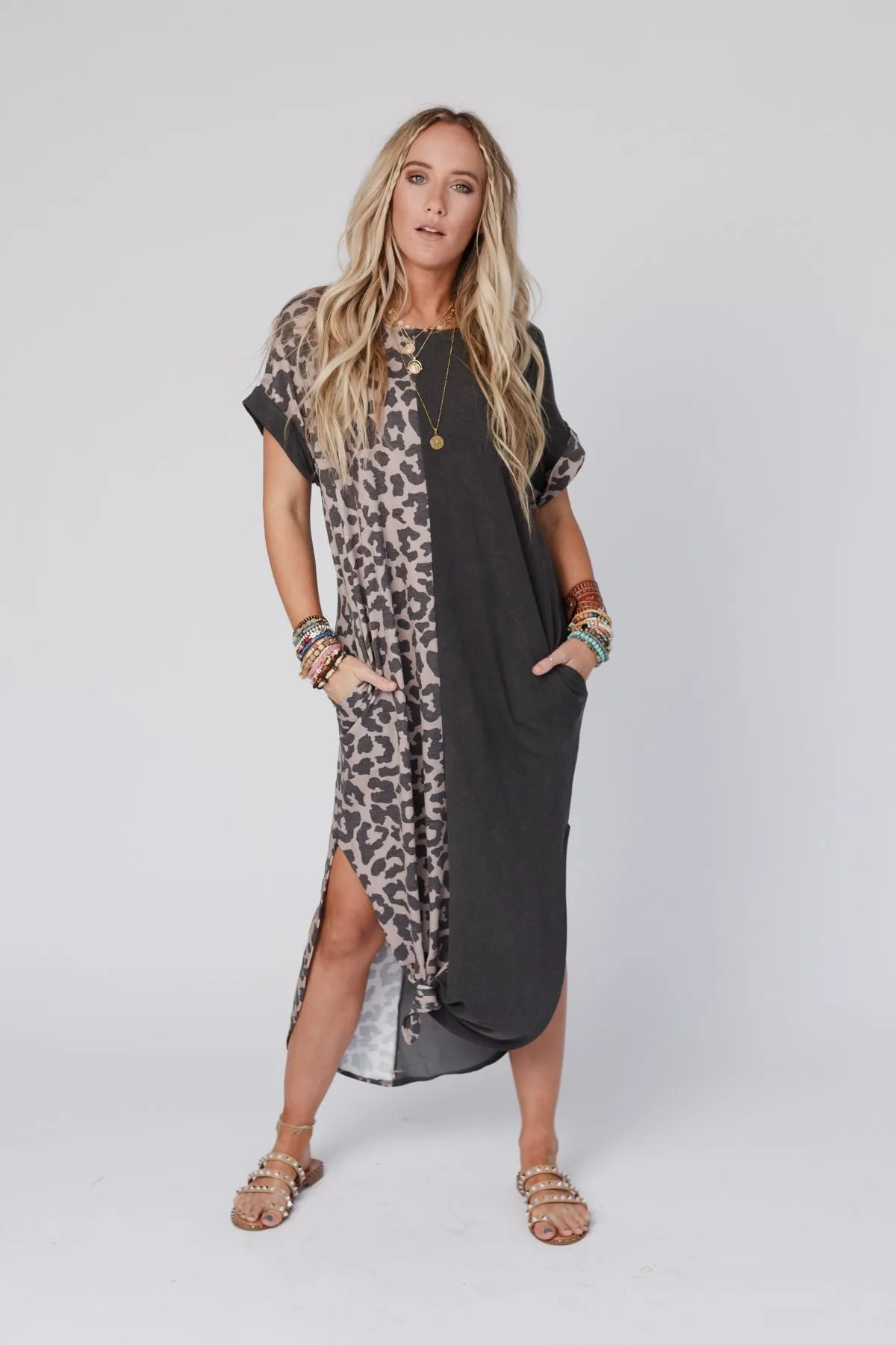 Dayton Printed Contrast Tee Dress - Mocha