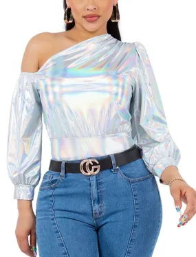 DT14034 Asymmetrical silver off shoulder top