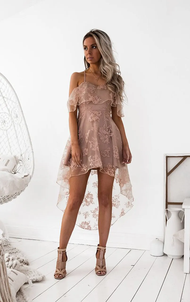 Dusty Pink Lace High Low Spaghetti Straps Homecoming Dresses,BD0170