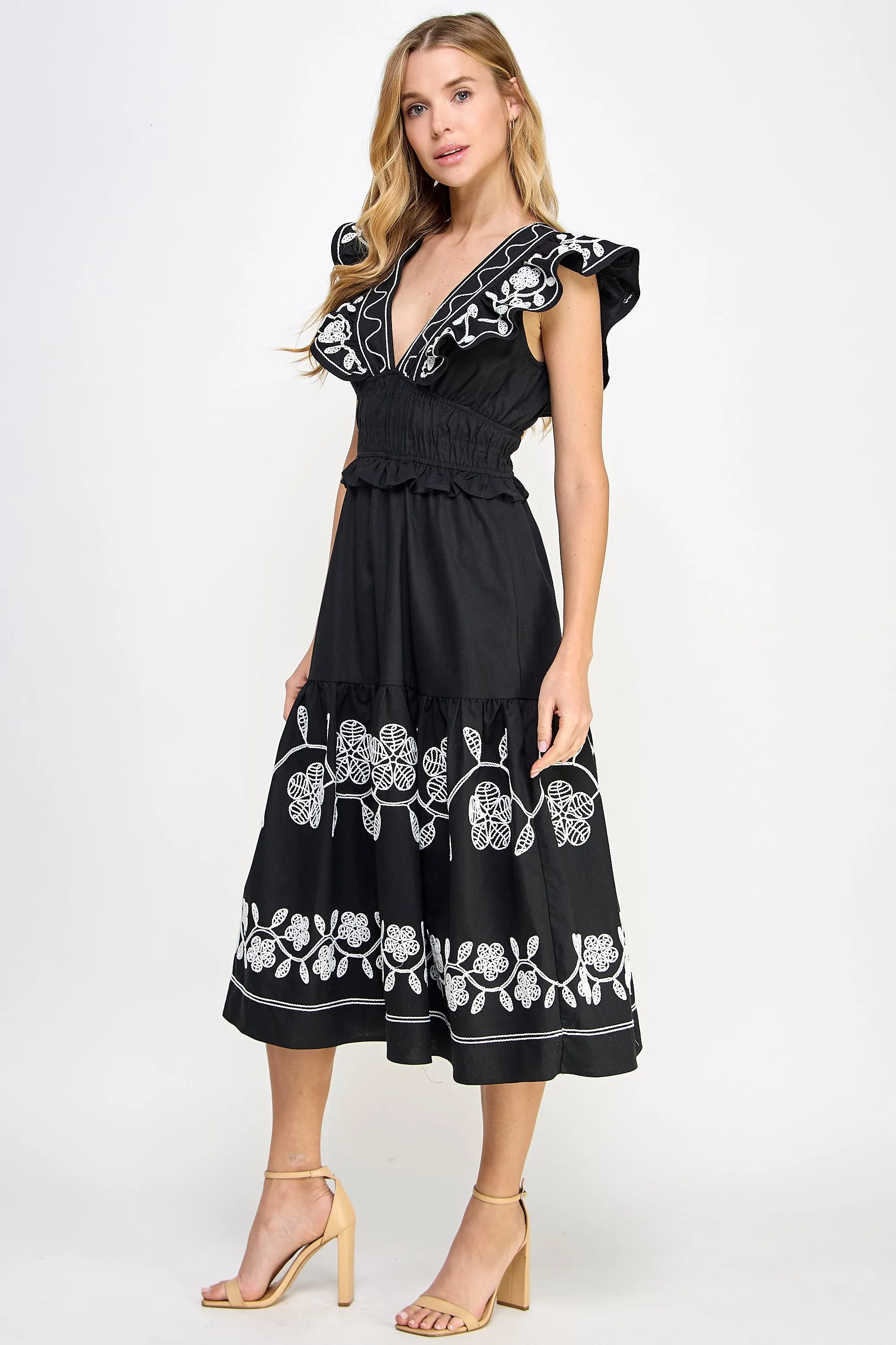 Embroidery Detailed Ruffle Linen Long Dress