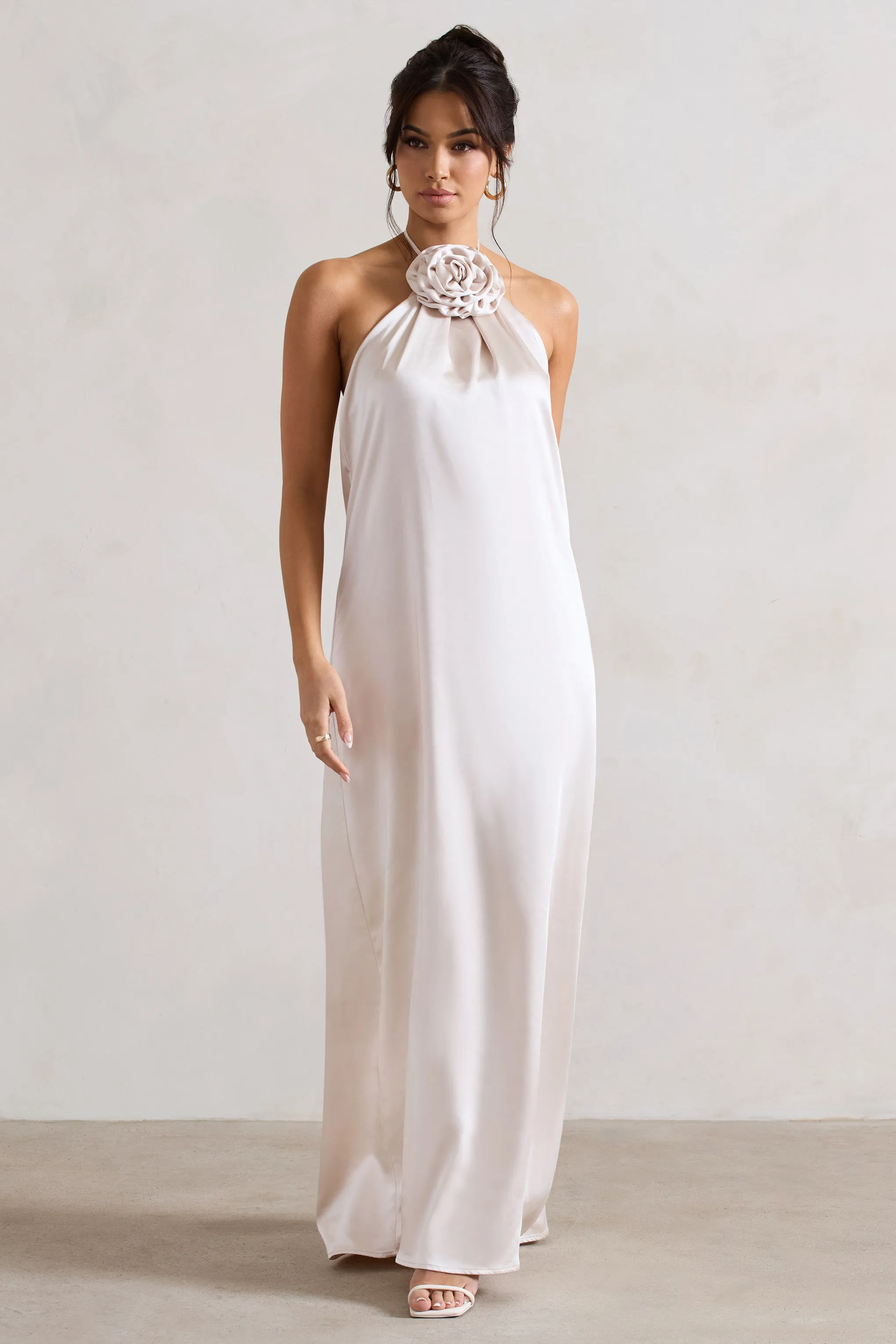 Everleigh | Cream Satin Relaxed Fit Maxi Column Dress With Corsage