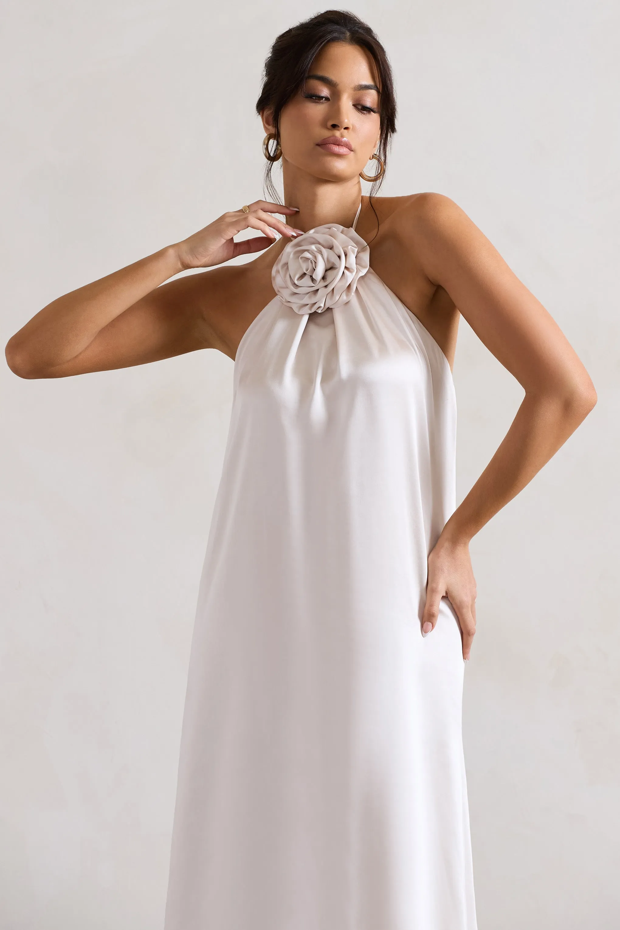 Everleigh | Cream Satin Relaxed Fit Maxi Column Dress With Corsage