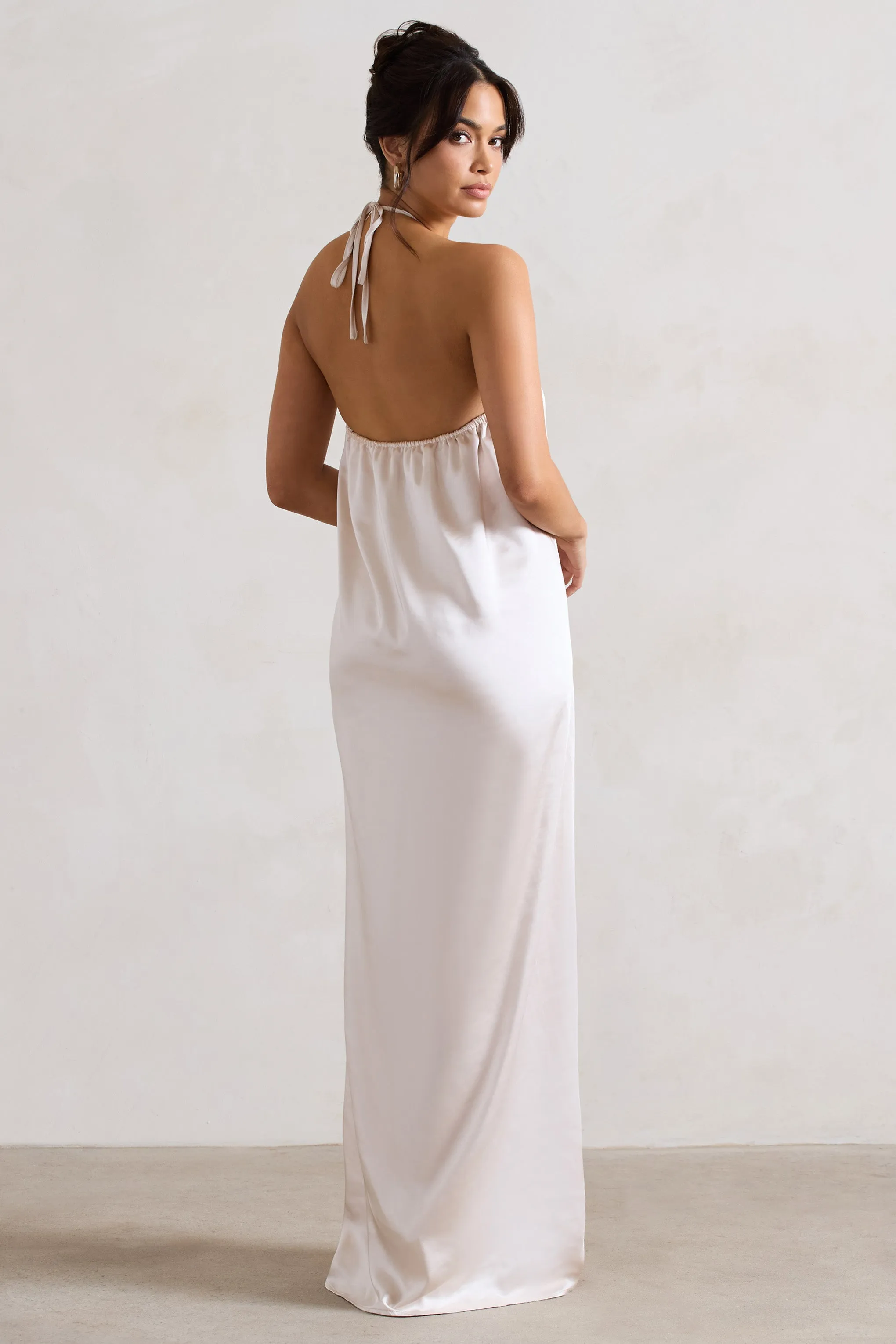 Everleigh | Cream Satin Relaxed Fit Maxi Column Dress With Corsage