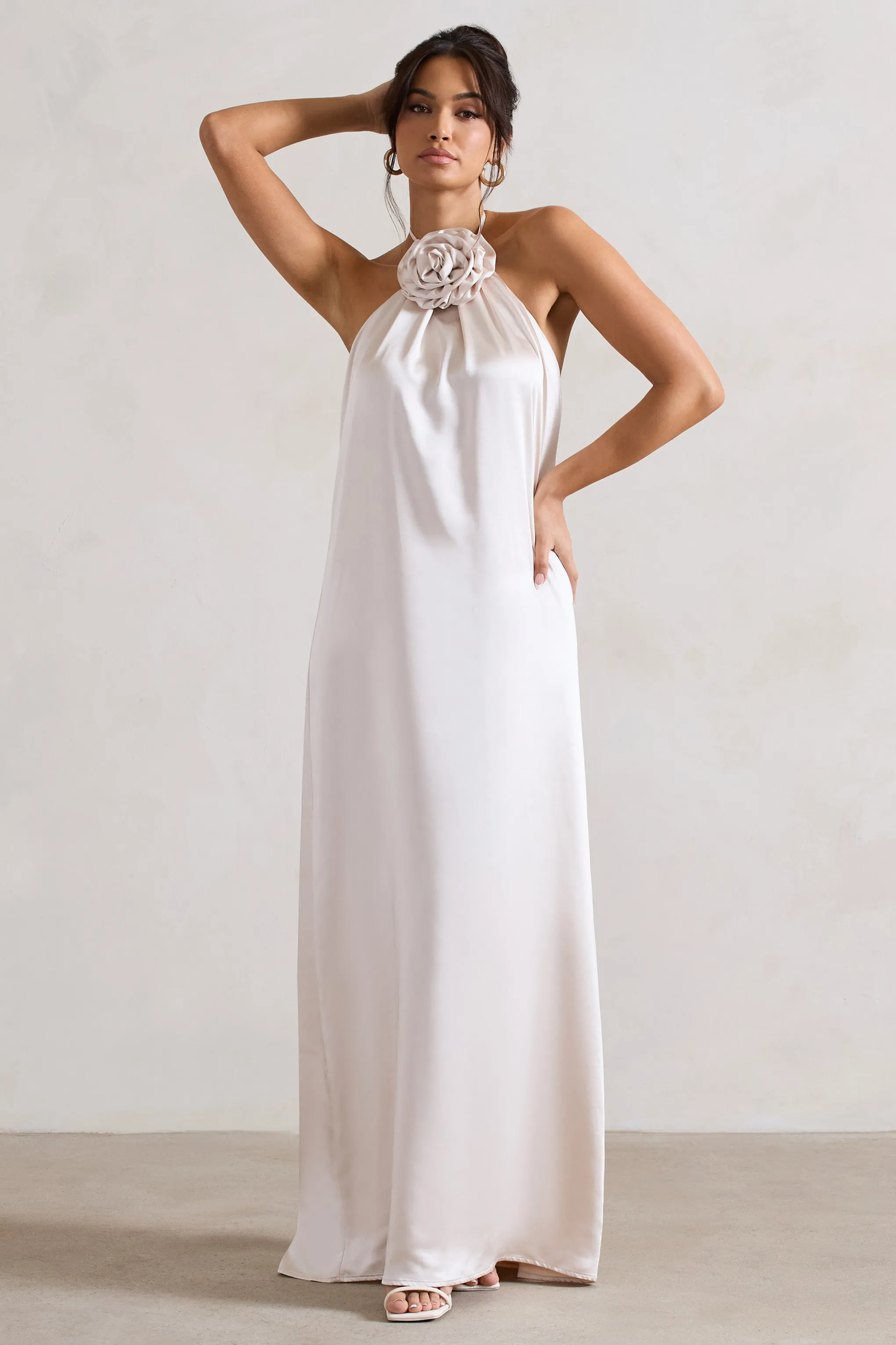 Everleigh | Cream Satin Relaxed Fit Maxi Column Dress With Corsage