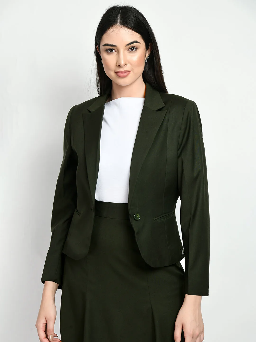 Exude Innovation Solid Short Blazer A-line Skirt Suit (Olive)