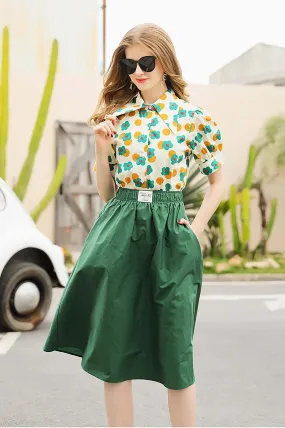 Floral Print Top & Green Skirt Two-piece Set