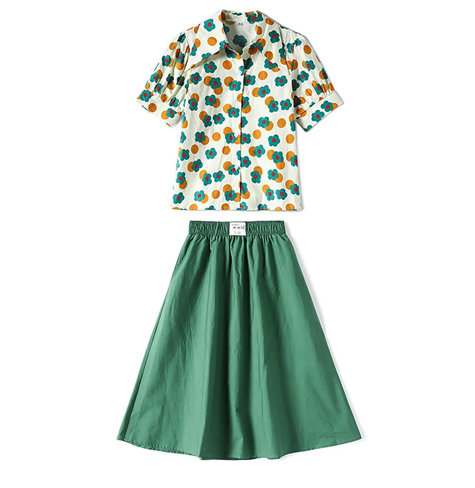 Floral Print Top & Green Skirt Two-piece Set