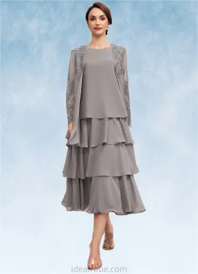 Genesis A-Line Scoop Neck Tea-Length Chiffon Mother of the Bride Dress With Cascading Ruffles STK126P0014603