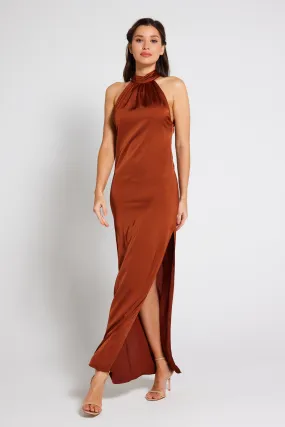 Harley Halter Neck Satin Maxi Dress - Rust