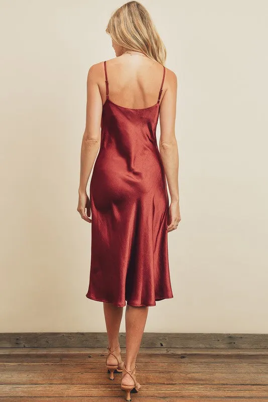 Hartford Satin Bias Cut Slip Midi Dress - Burgundy