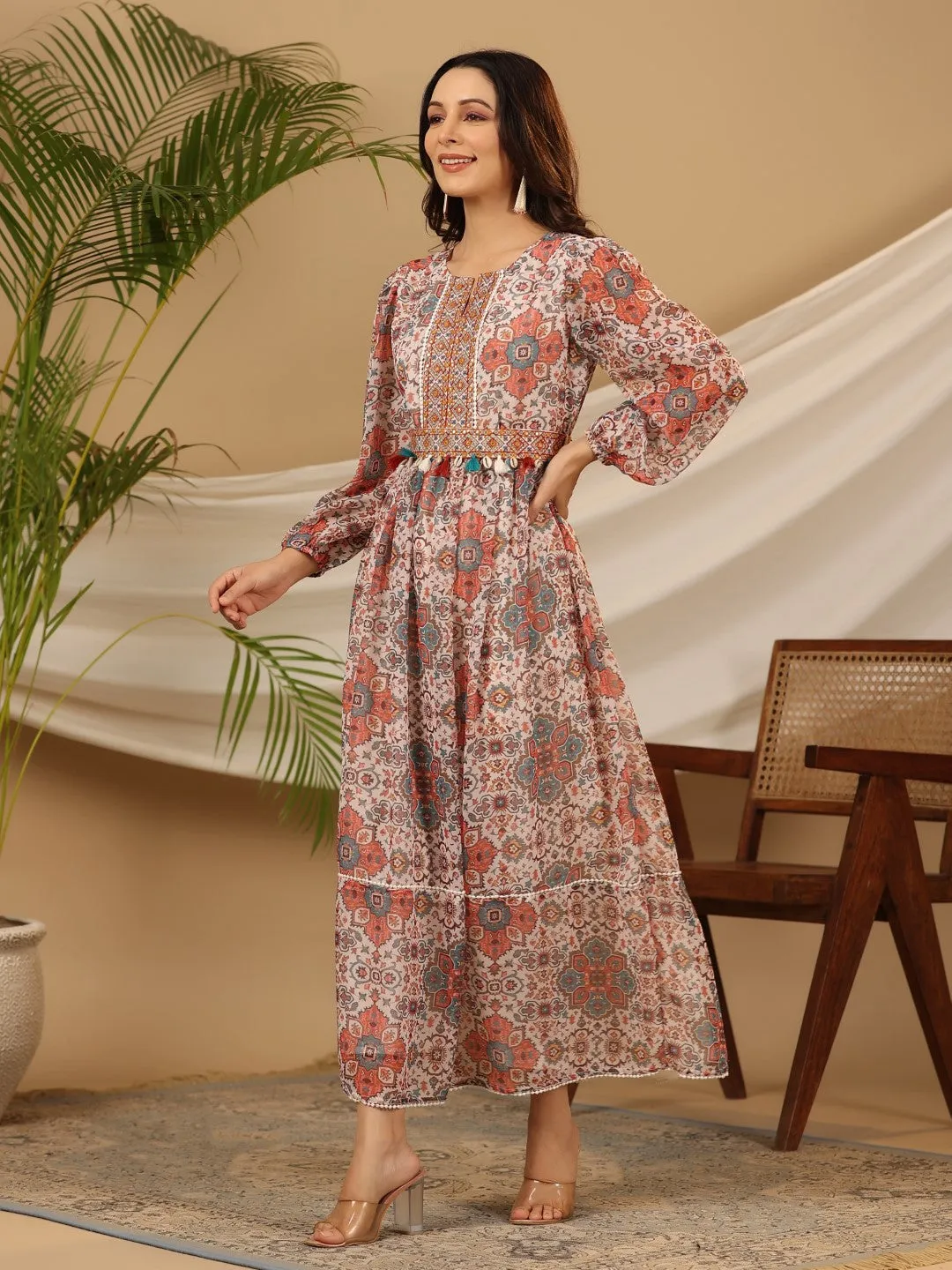 Juniper Multi-Colour Ethnic Motif Printed Chiffon Maxi Dress With Mirror Work