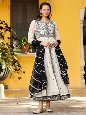 Juniper Off-White & Black Cotton  Embroidered Anarkali Dress With Jacket & Tie-Dye Dupatta