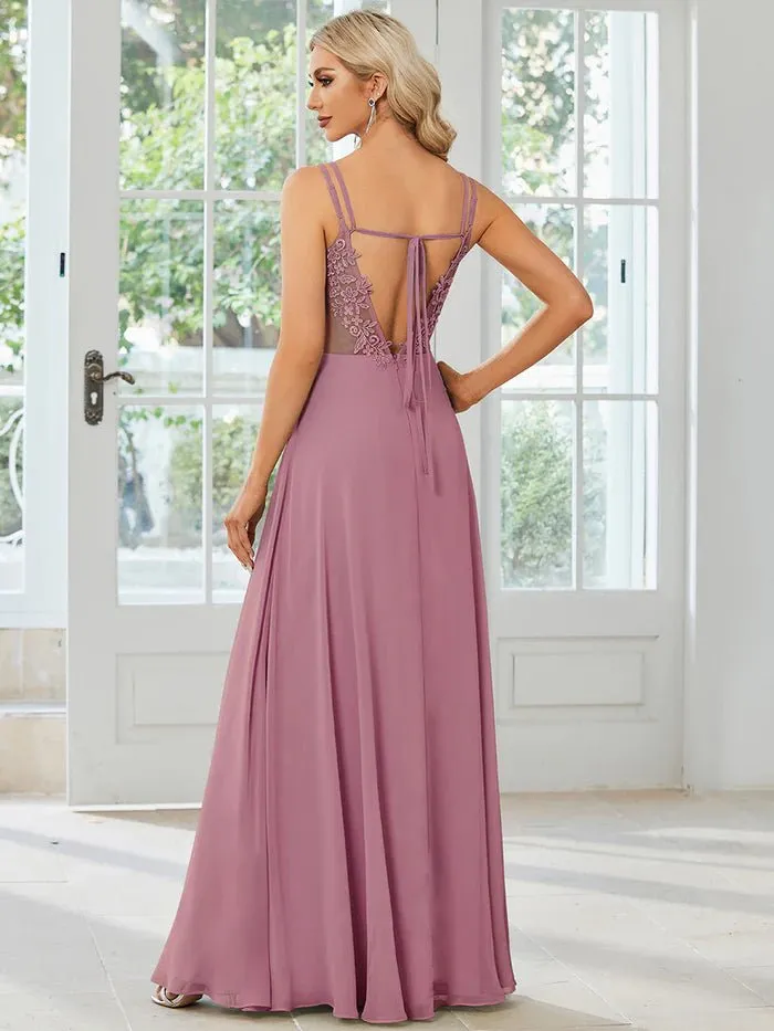 Lace V Back Chiffon Evening Dress