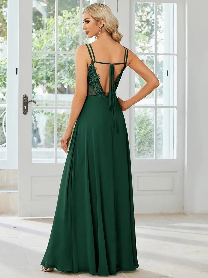 Lace V Back Chiffon Evening Dress