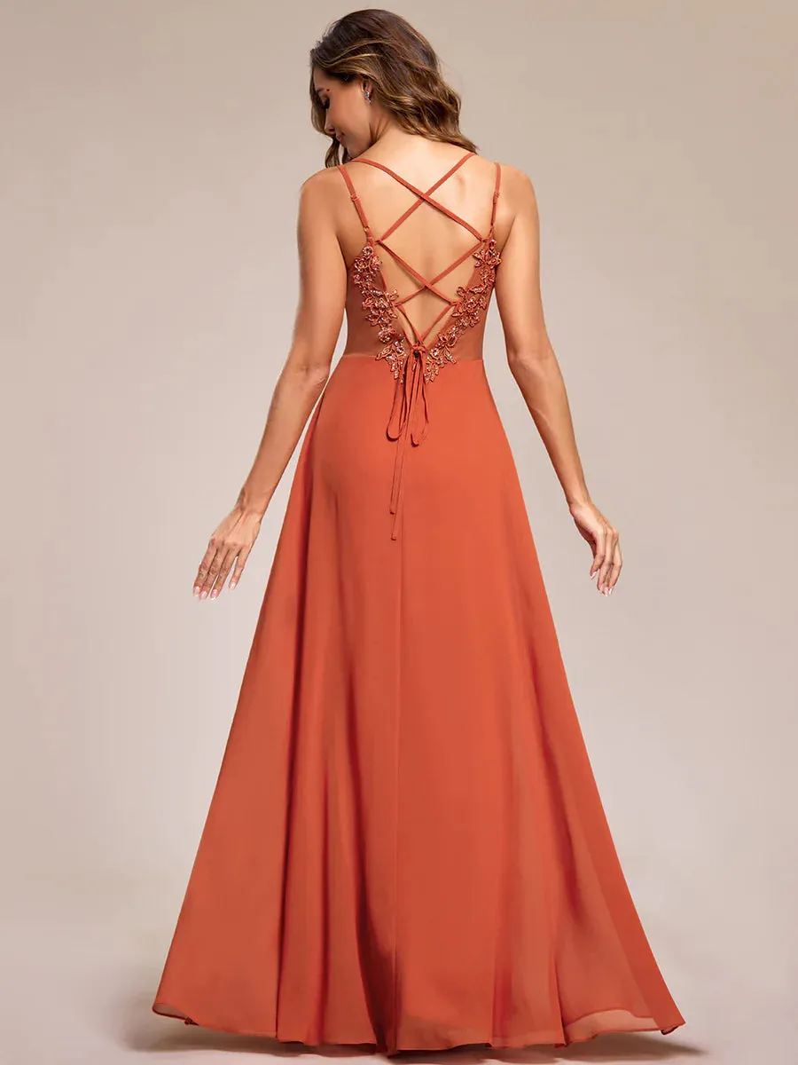 Lace V Back Chiffon Evening Dress