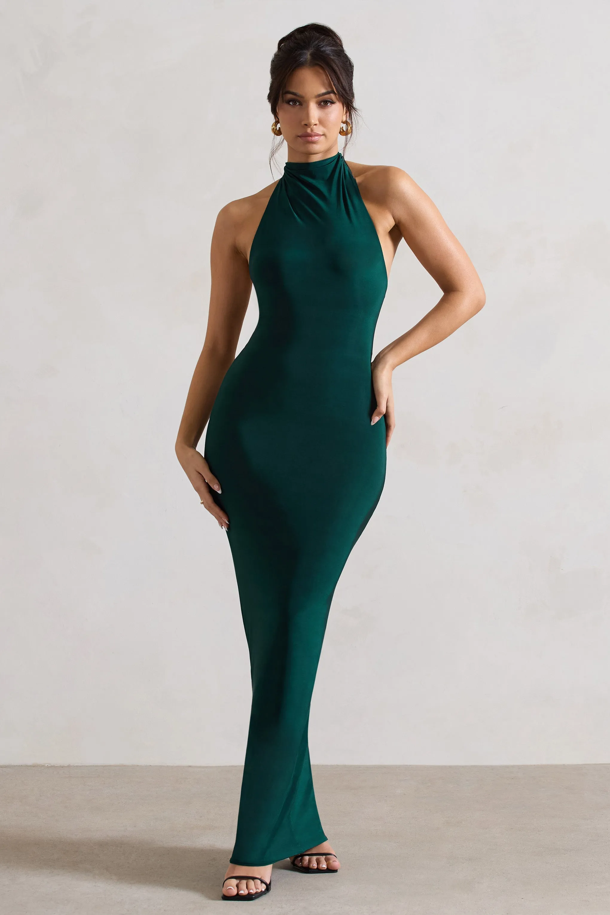 Larisa | Bottle Green Cowl Halter-Neck Maxi Dress With Back Detail