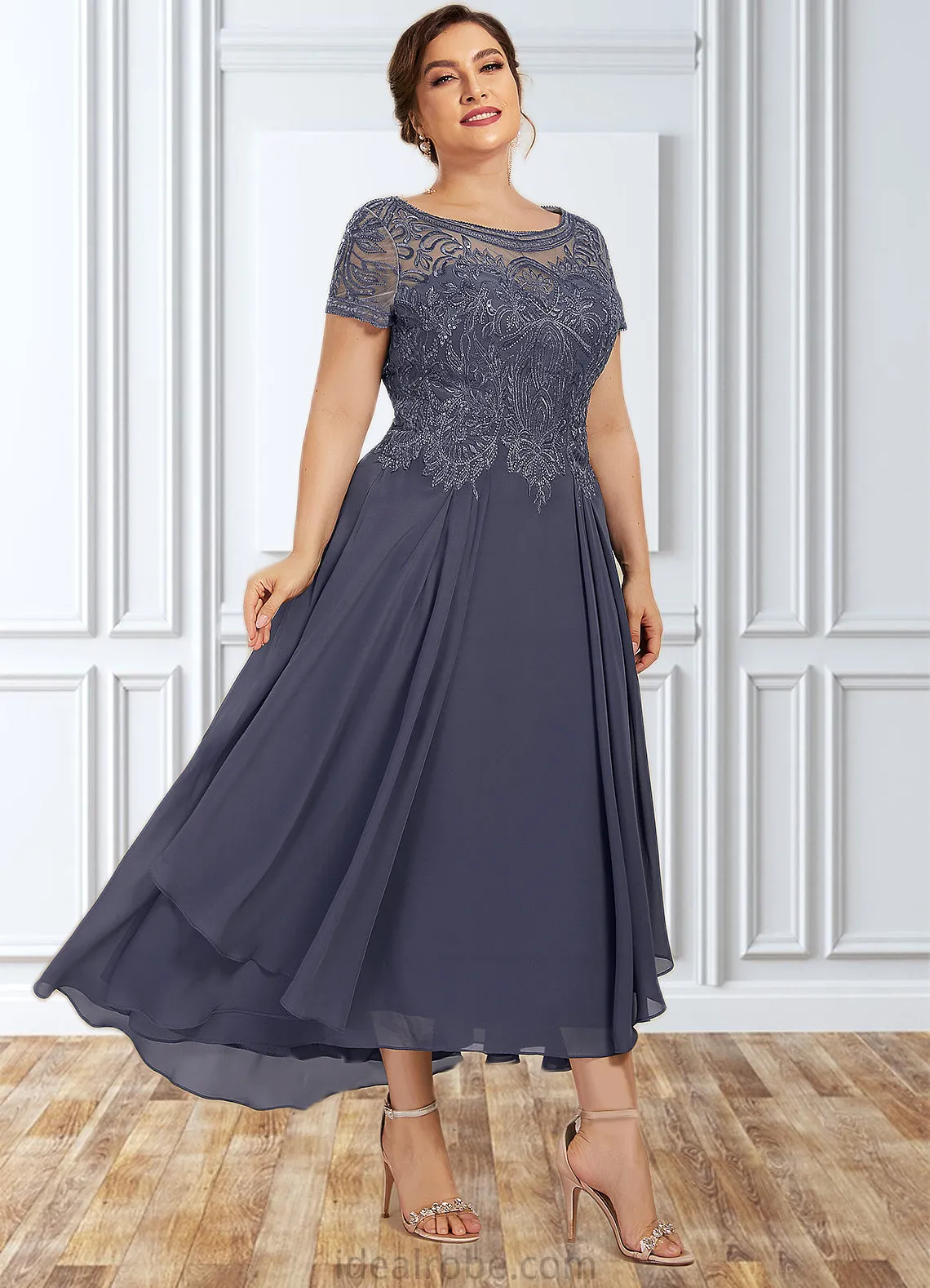 Mabel A-Line Scoop Neck Asymmetrical Chiffon Lace Mother of the Bride Dress With Sequins STK126P0014667