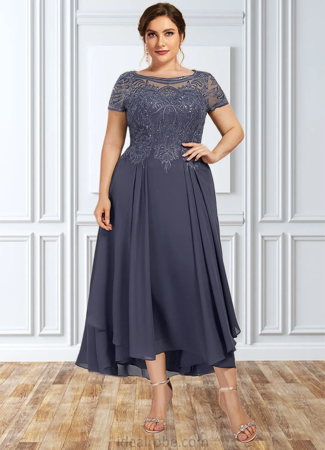 Mabel A-Line Scoop Neck Asymmetrical Chiffon Lace Mother of the Bride Dress With Sequins STK126P0014667