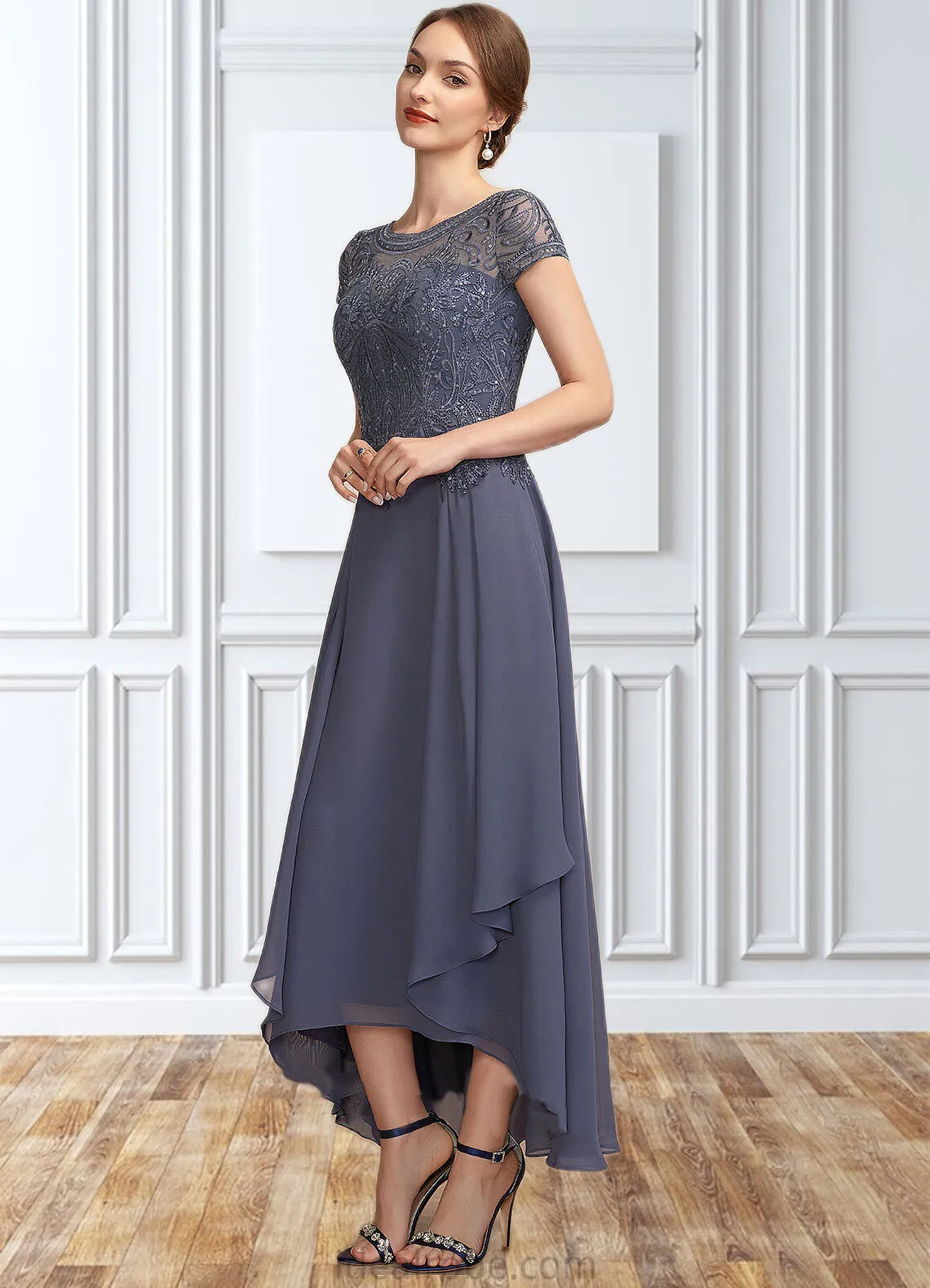 Mabel A-Line Scoop Neck Asymmetrical Chiffon Lace Mother of the Bride Dress With Sequins STK126P0014667