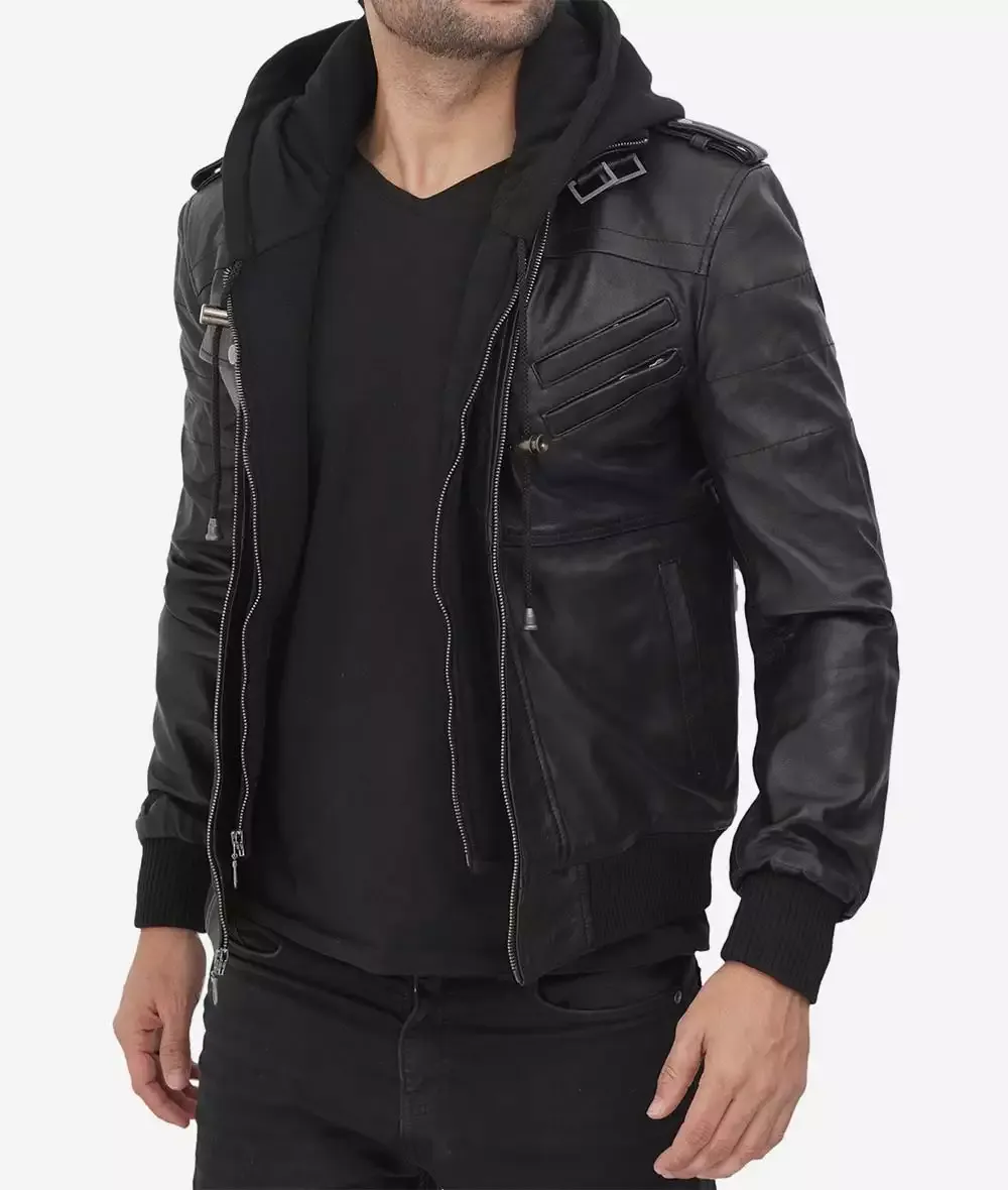 Mens Black Bomber Leather Jacket with removable hood