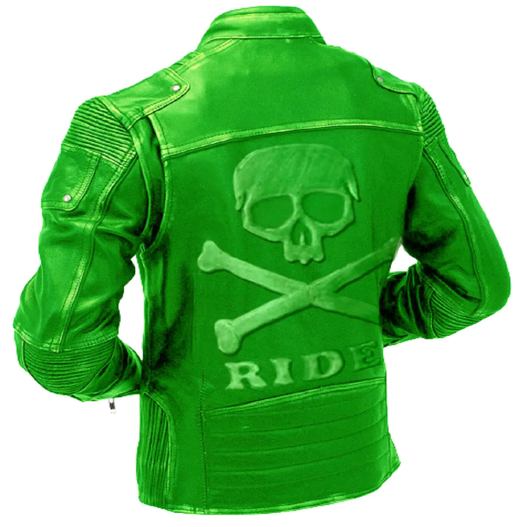 Men's Green Classic Motorcycle Genuine Leather Jacke Embossed Skull Bones