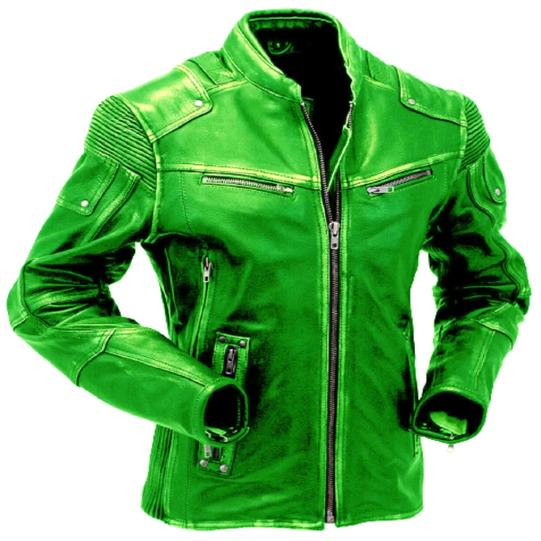 Men's Green Classic Motorcycle Genuine Leather Jacke Embossed Skull Bones