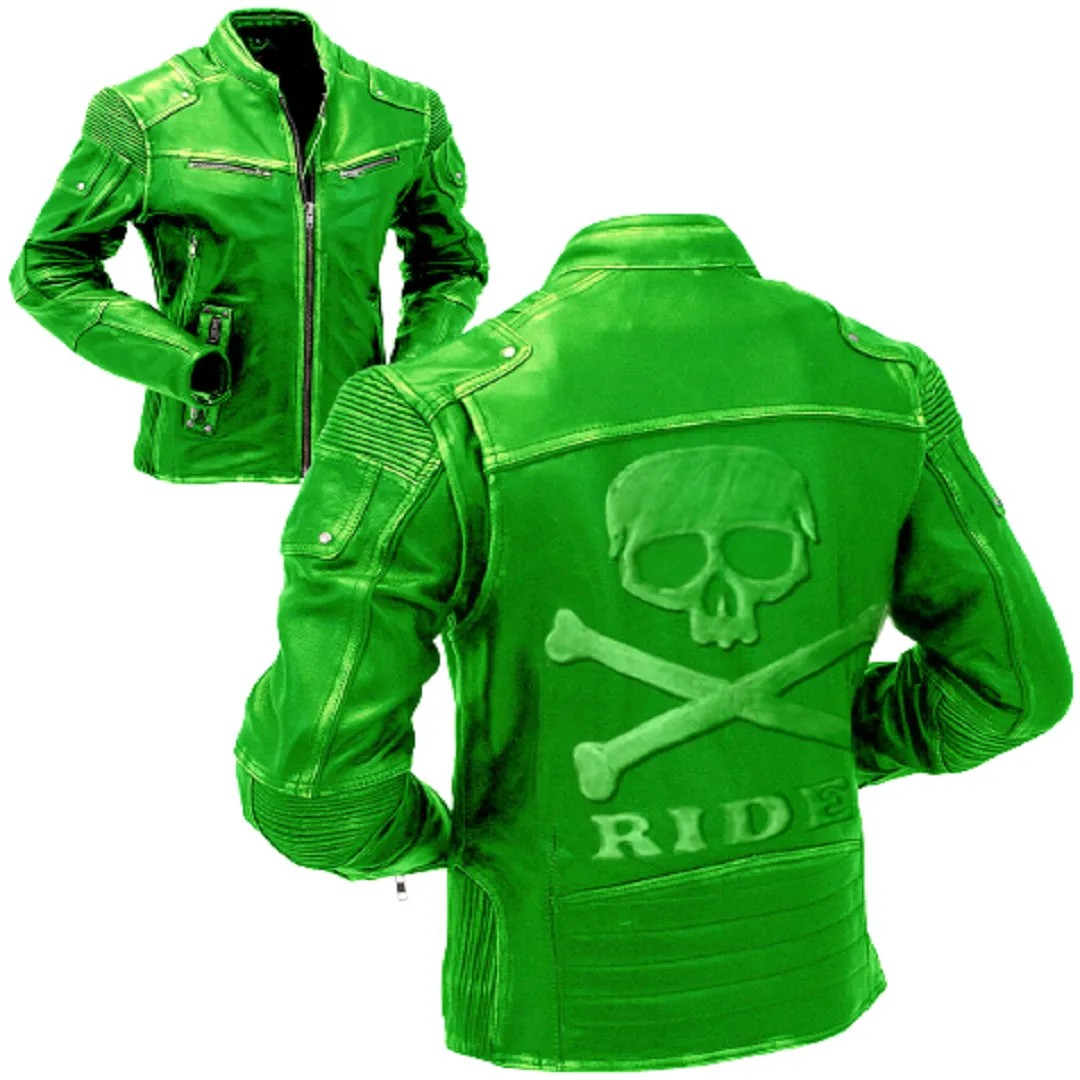 Men's Green Classic Motorcycle Genuine Leather Jacke Embossed Skull Bones