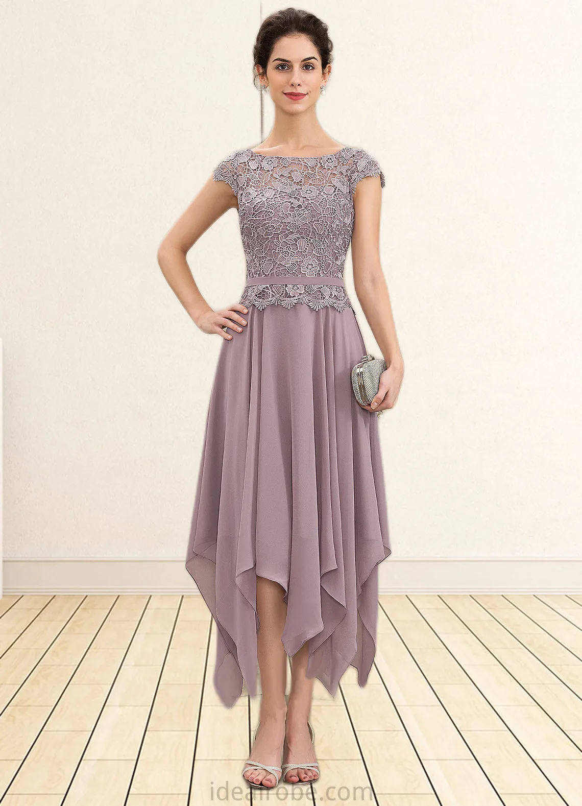 Olivia A-Line Scoop Neck Ankle-Length Chiffon Lace Mother of the Bride Dress With Cascading Ruffles STK126P0014673