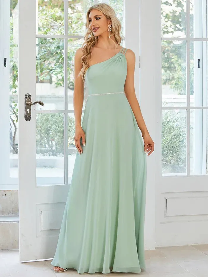 One Shoulder Beaded Chiffon Evening Dress