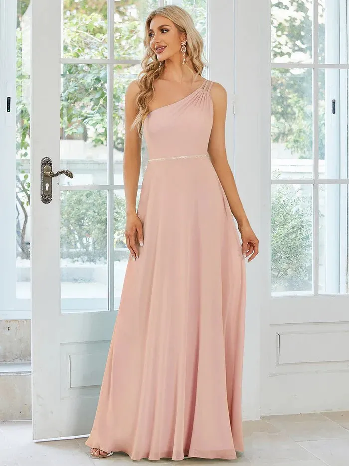 One Shoulder Beaded Chiffon Evening Dress