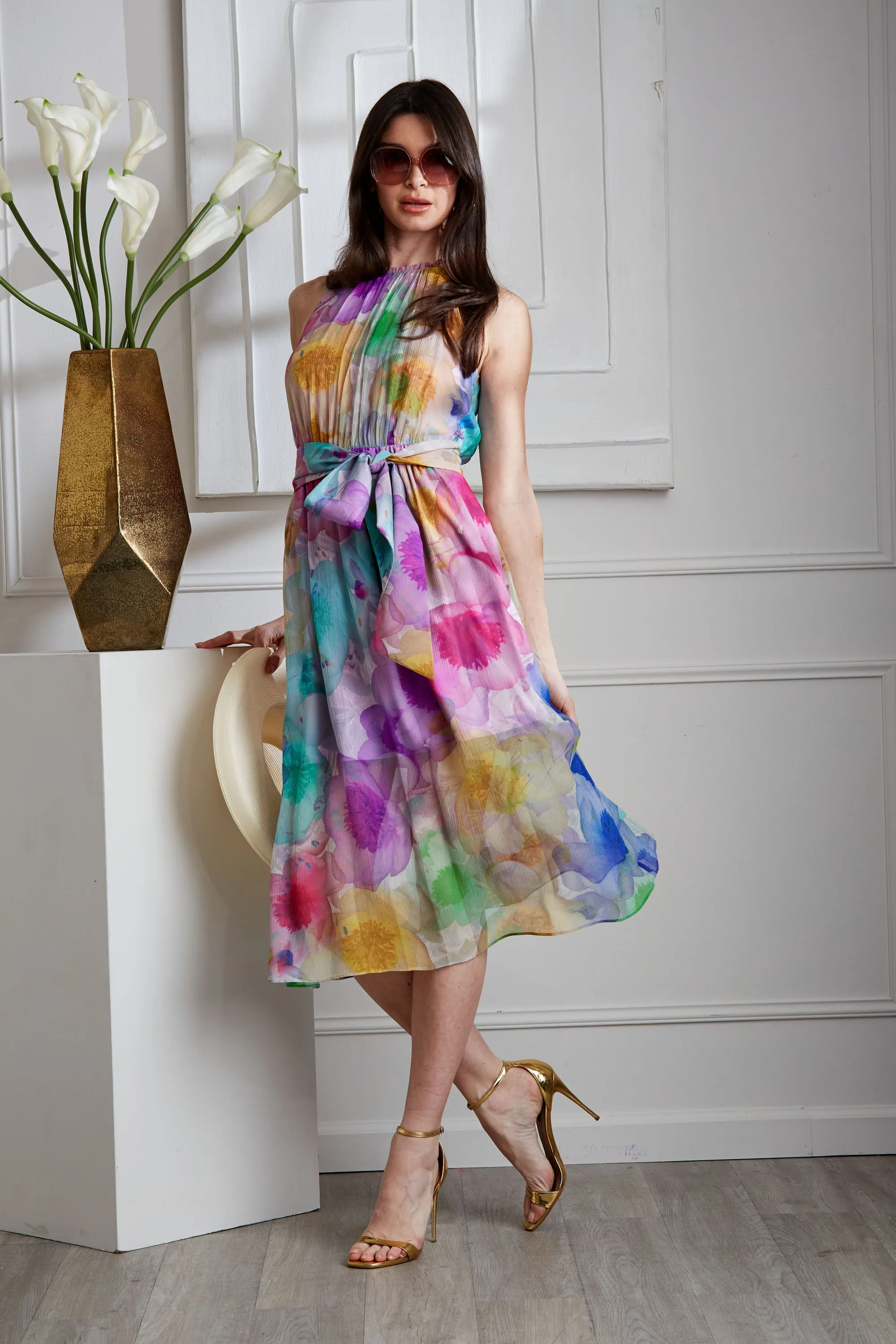 Pigment Floral Silk Chiffon Halter Dress