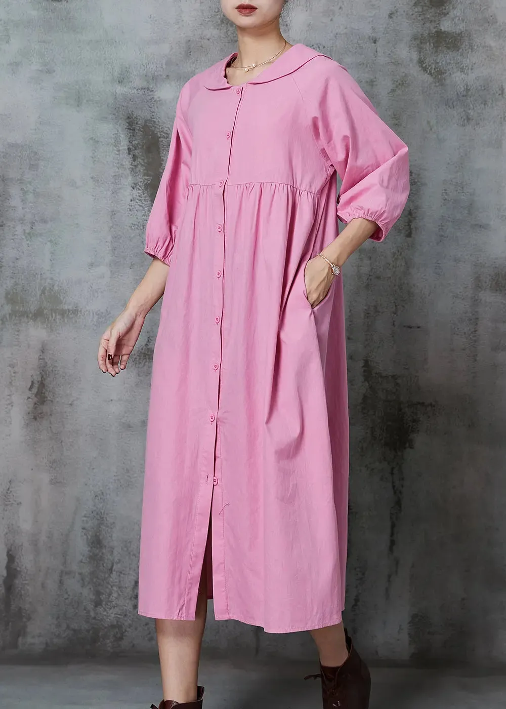 Pink Cotton Long Dresses Oversized Button Down Half Sleeve JK1009