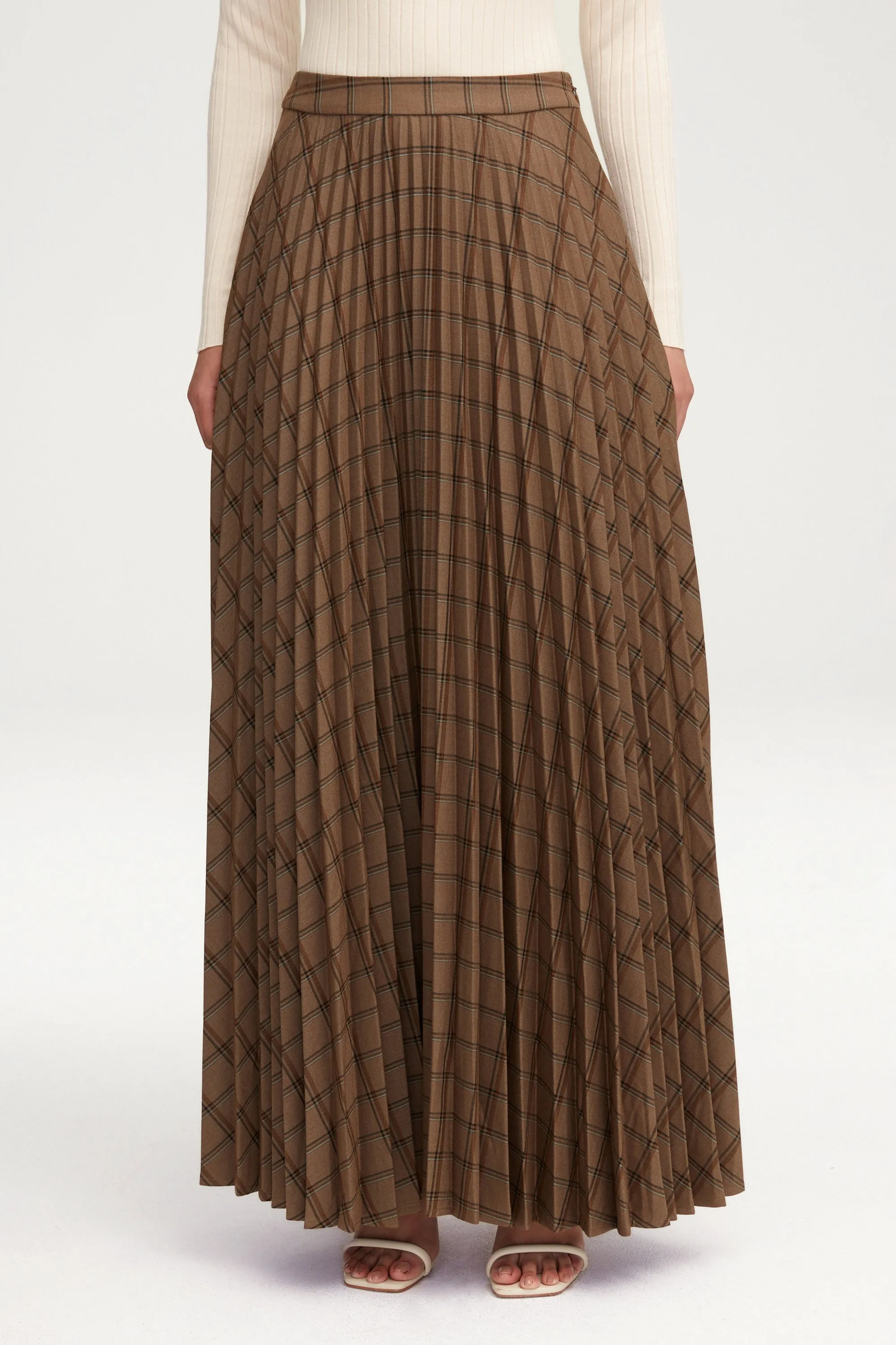 Pleated Plaid A Line Maxi Skirt - Brown