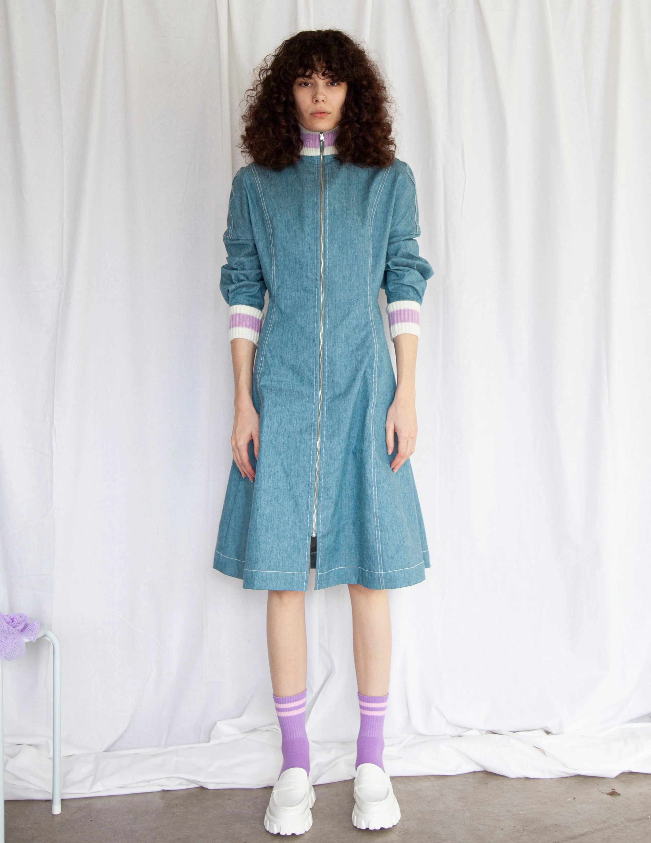 Slouchy Track Coat Dress in Vintage Denim