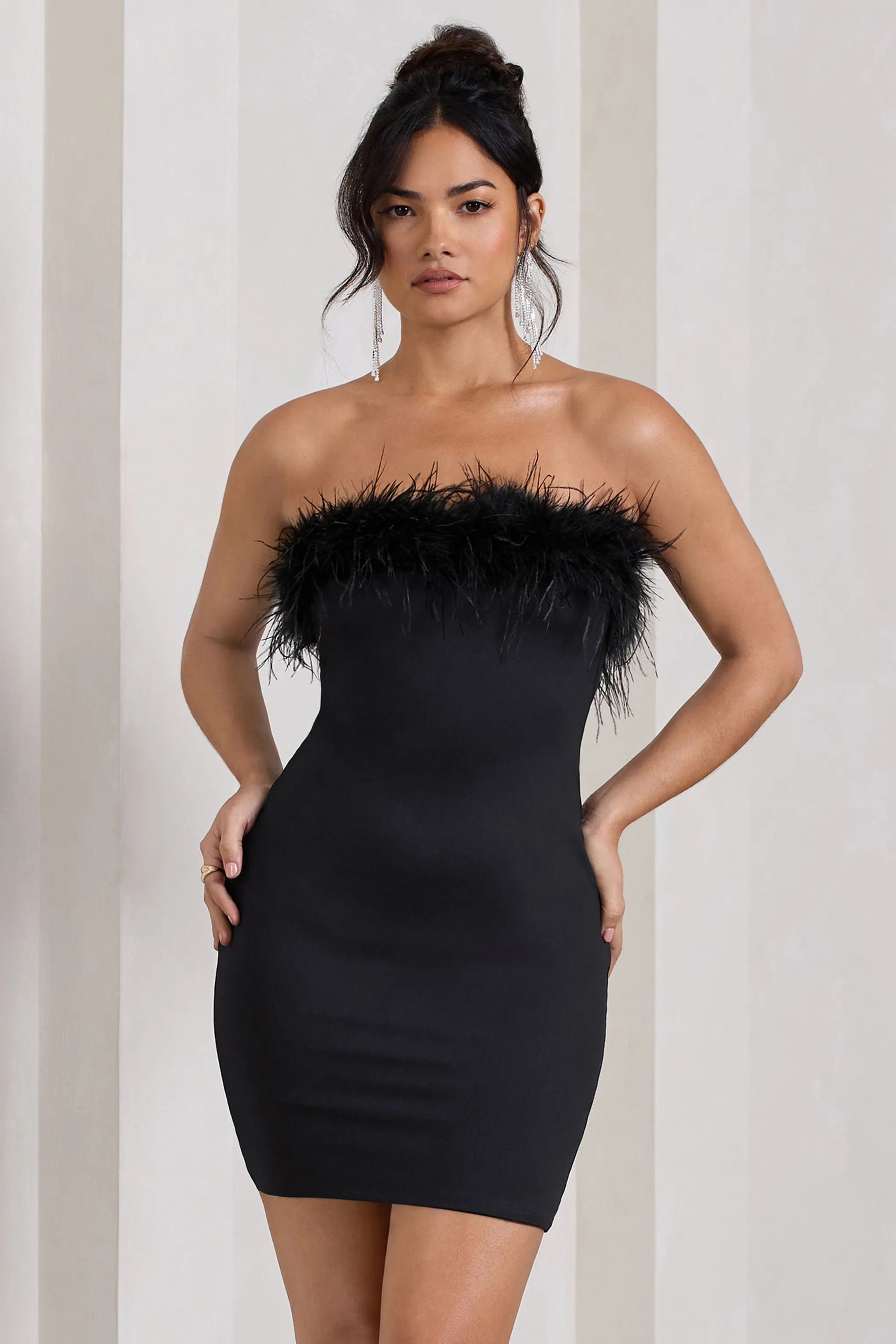 Stop The Show | Black Feather Trim Bandeau Mini Dress