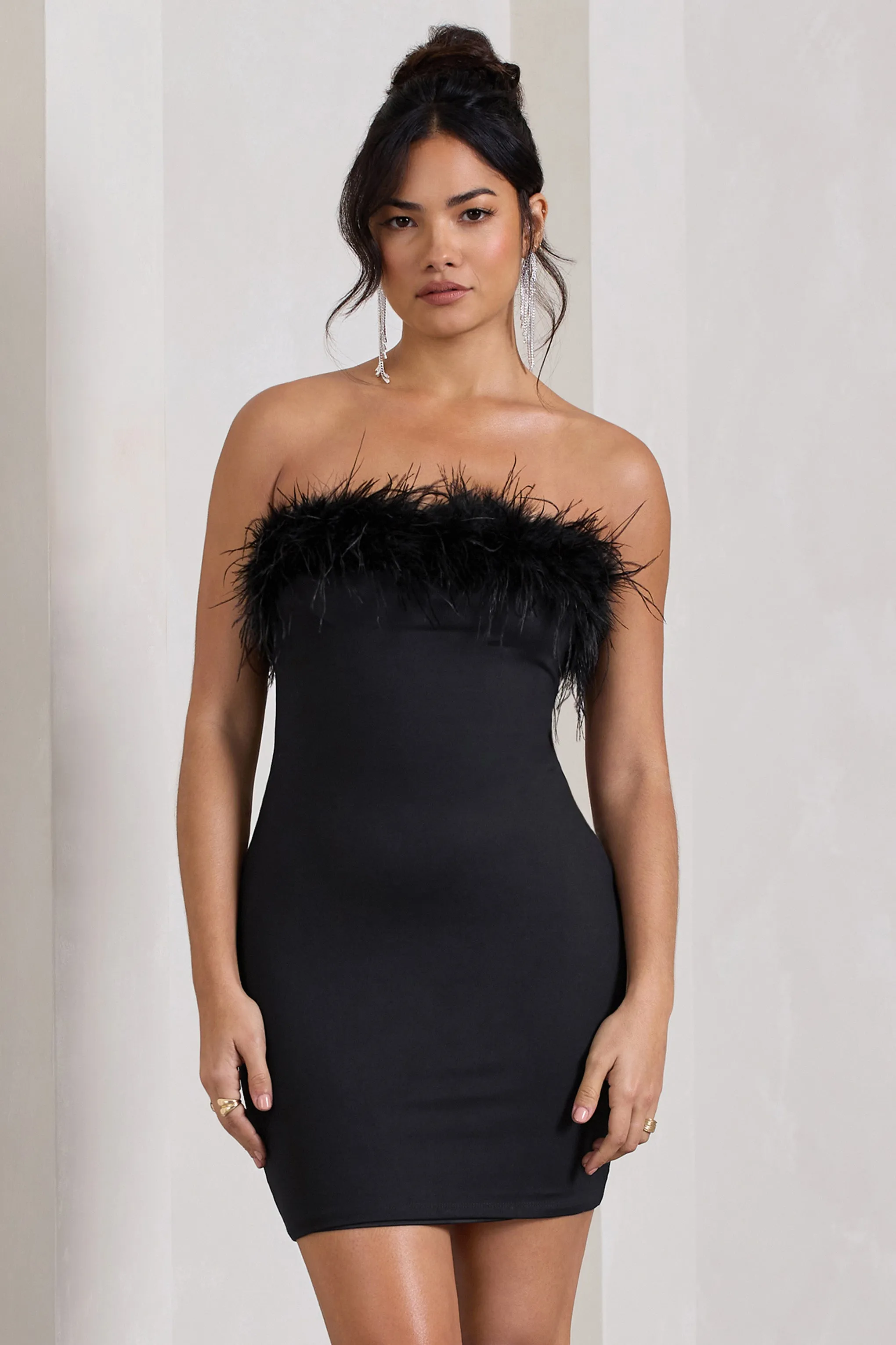 Stop The Show | Black Feather Trim Bandeau Mini Dress