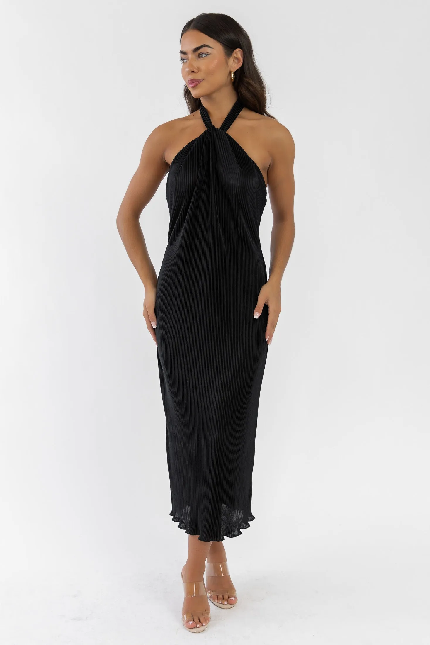 Sunset Secret Black Halter Midi Dress