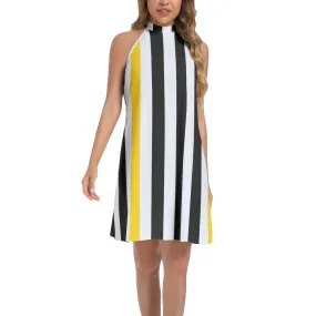 Swallowtail Striped Tie Back Halter Neck Flared Dress