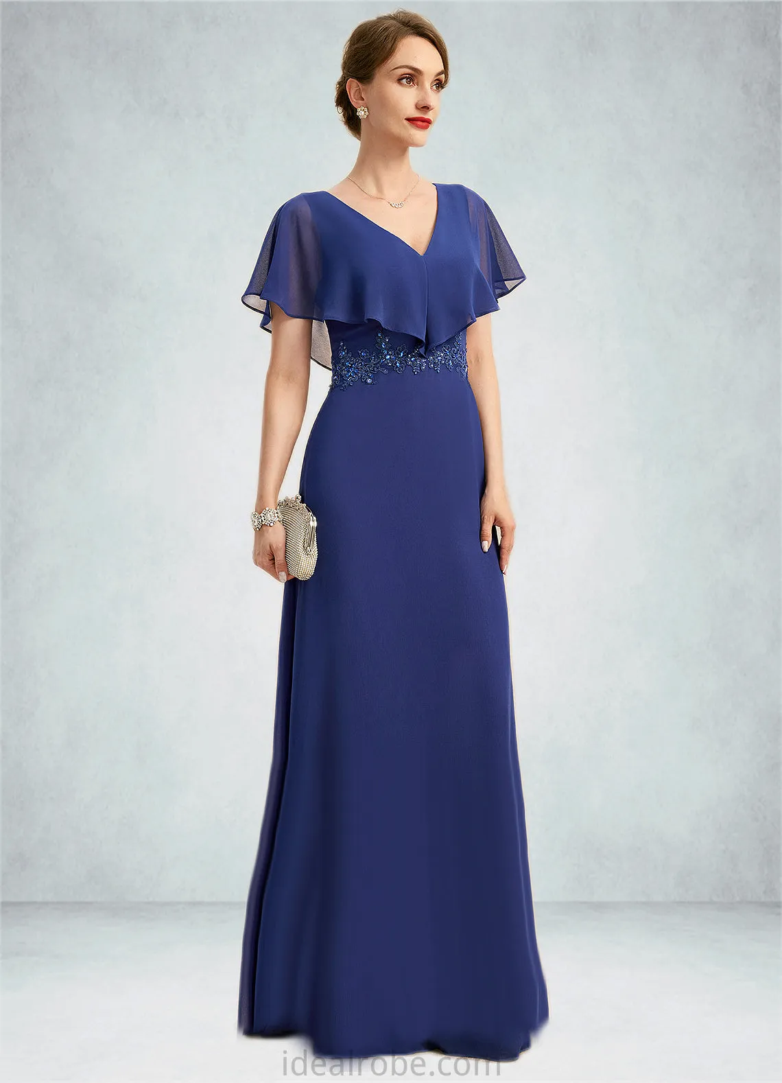 Tamia A-line V-Neck Floor-Length Chiffon Mother of the Bride Dress With Beading Appliques Lace Sequins STKP0021829