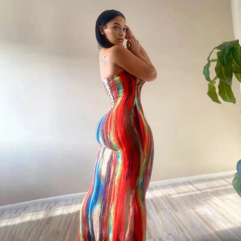 Tie Dye Print Strapless Boob Tube Dress