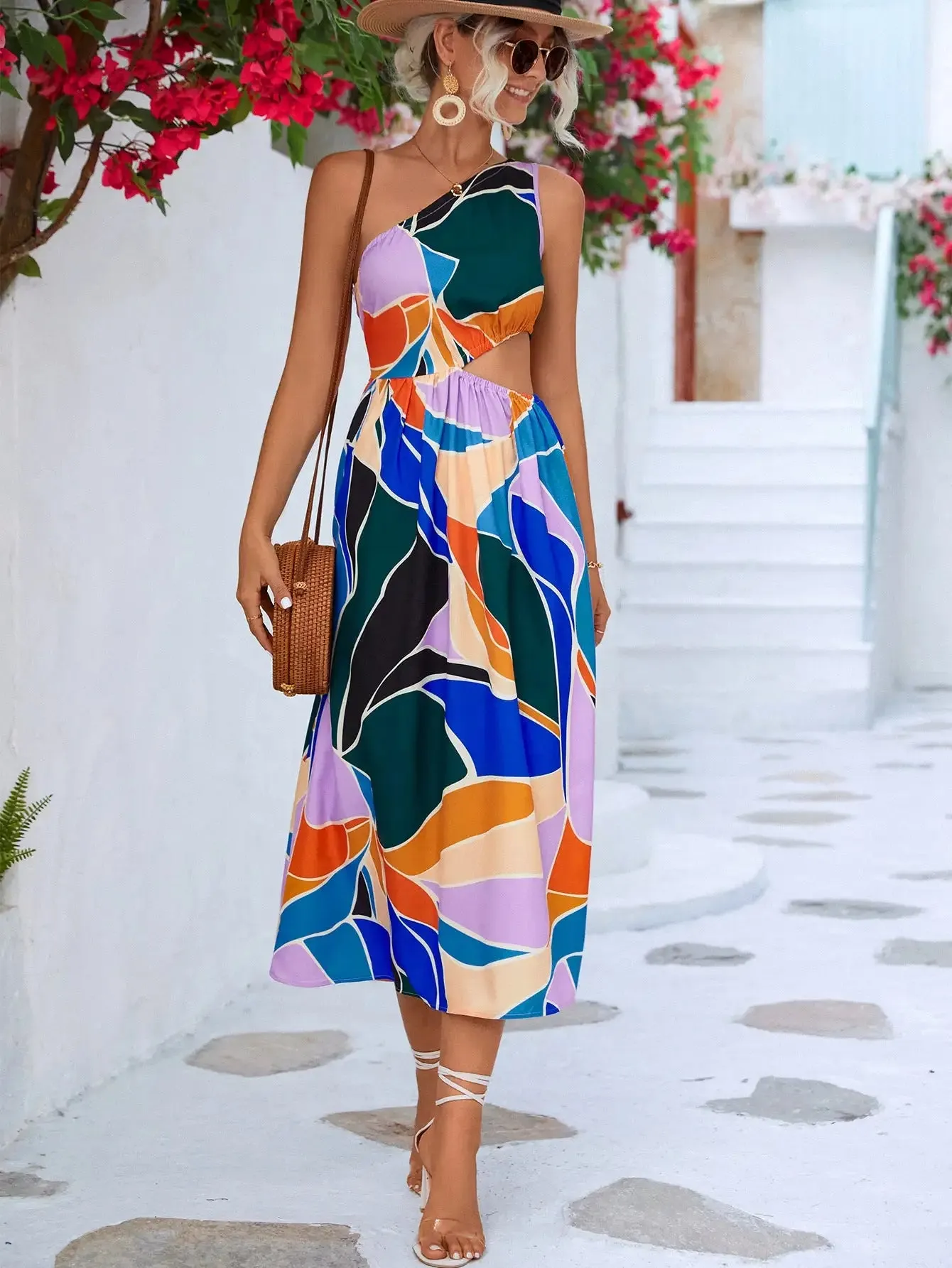 Women's Midi-dress One shoulder Printed