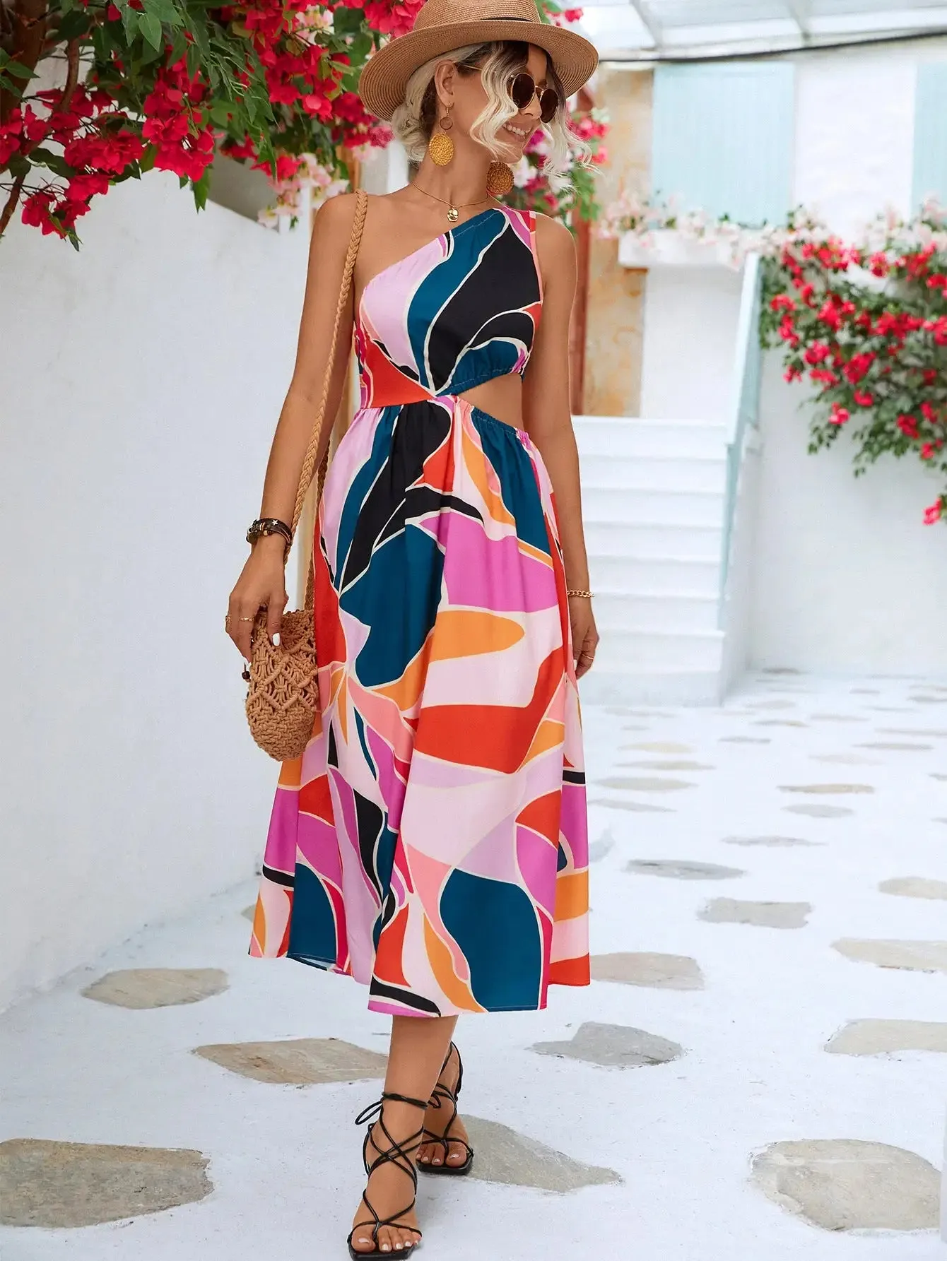 Women's Midi-dress One shoulder Printed